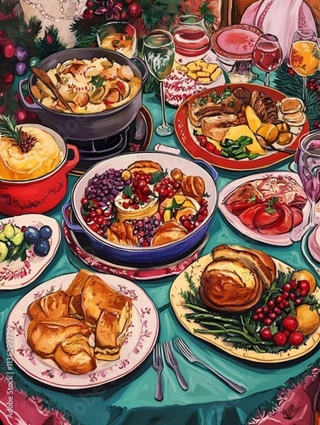 Fototapeta Christmas Dinner Oil Painting 
