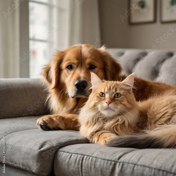 Fototapeta Cat and dog together with a cat sitting on a sofa featuring a cute domestic feline portrait with white fur and tabby patterns