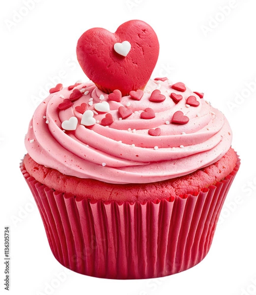 Fototapeta red cupcake with frosting and pink hearts on top on a transparent background