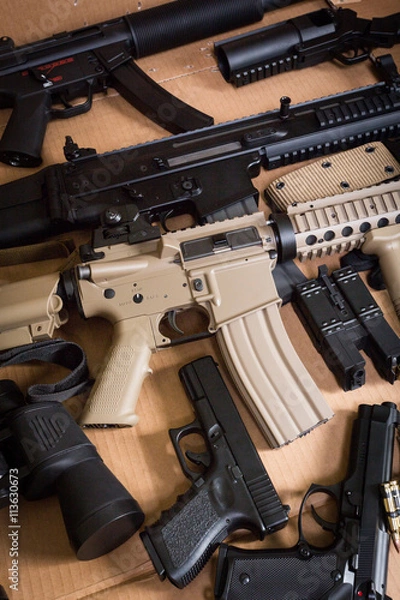 Obraz Assault rifle, gun, knife with sheath, compass