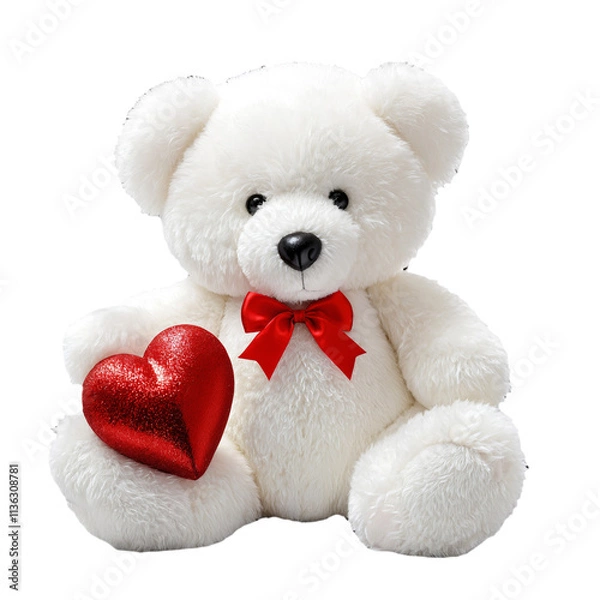 Obraz white teddy bear with red bow tie holding red heart on a transparent background