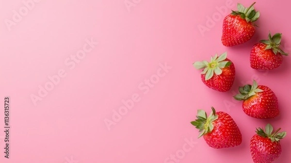 Fototapeta Fresh strawberries arranged on a pink background, showcasing vibrant colors and textures.