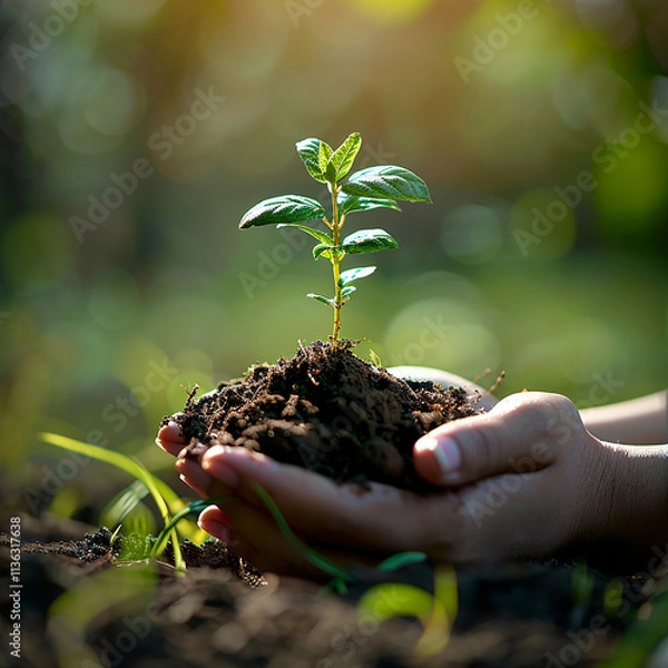 Fototapeta hands holding a plant