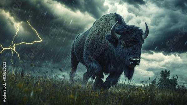 Fototapeta A mighty buffalo charges through the storm under dark skies and flashing lightning in an epic natural scene.