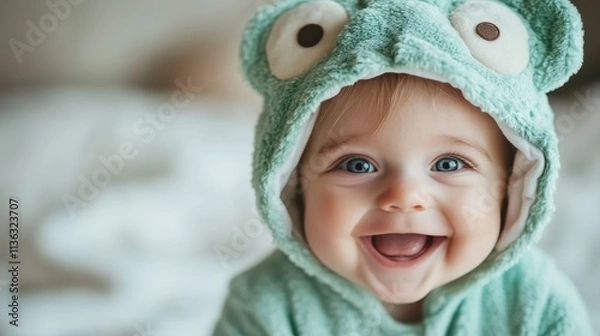 Fototapeta A baby wearing a soft, green frog-themed hoodie smiles broadly, showcasing a sense of innocence and joy, while indoors with a blurred background.