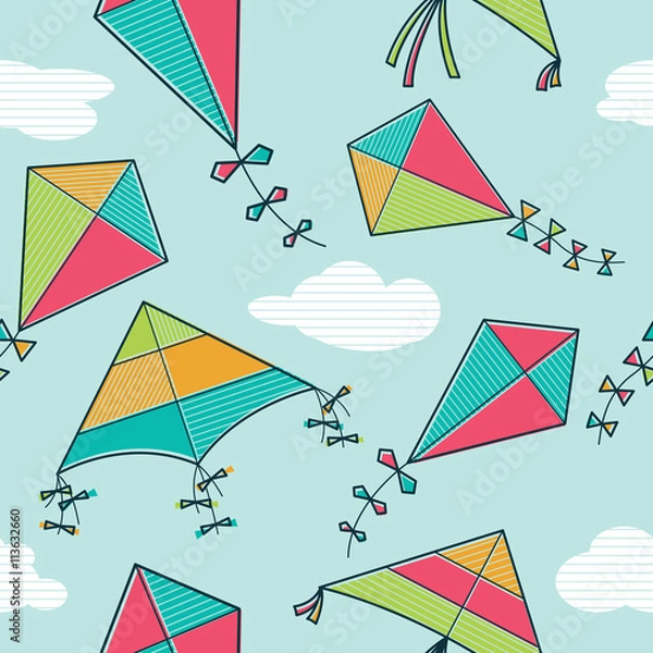 Fototapeta Vector kites flying in the sky seamless pattern