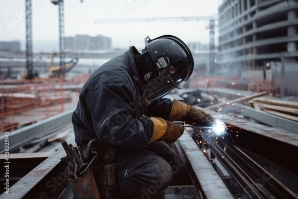 Obraz A construction worker welds steel beams, sending off bright sparks amid an industrial cityscape, capturing the essence of urban development.