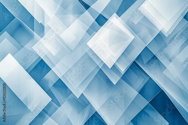 Fototapeta A modern abstract blue background with layered textures of white transparent materials arranged in a dynamic geometric pattern of triangles, diamonds, and squares