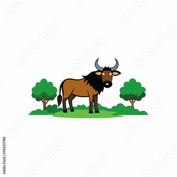 Obraz A image of a wildebeest in a jungle cartoon vector illustration