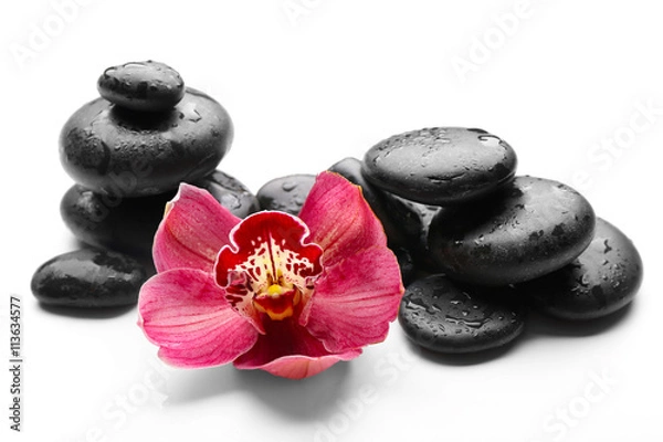 Fototapeta Spa stones and red orchid isolated on white