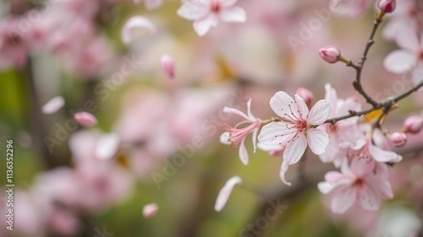 Fototapeta Soft pink sakura petals gently falling against a blurred background, background, petals