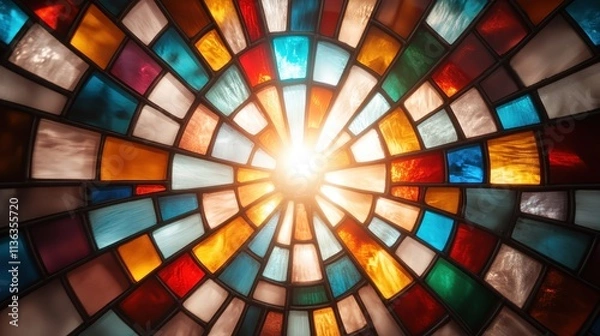 Fototapeta A radiant stained glass window bursts with colors as sunlight beams through, creating a kaleidoscope of hues in an intricate design, symbolizing hope and inspiration.