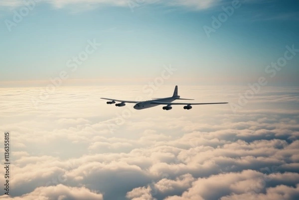 Fototapeta A lone airplane flies above a blanket of clouds, framed by the vast expanse of a serene sky at dawn.