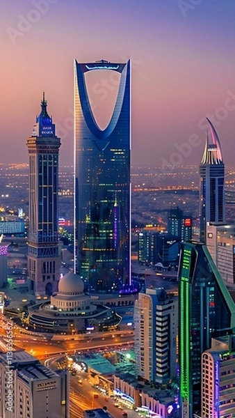 Obraz aerial cityscape at dusk tall buildings and lights illuminating the streets below in riyadh city