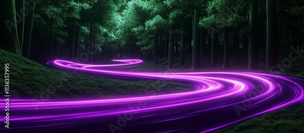 Fototapeta Dark green forest background with flowing neon purple streaks, offering a bold visual contrast