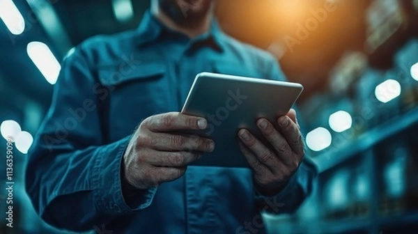 Fototapeta A worker uses a tablet in an industrial warehouse environment, illustrating modern technology's role in enhancing efficiency and productivity in contemporary industries.