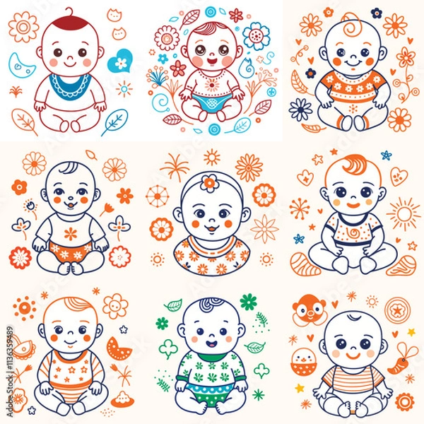 Fototapeta Set of a cute baby in underpants with different styles. Vector illustration in flat cartoon style.