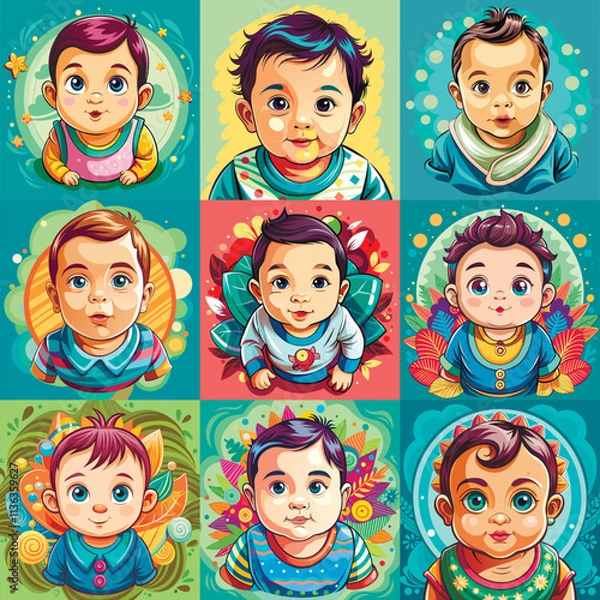 Fototapeta Set of a cute baby in underpants with different styles. Vector illustration in flat cartoon style.