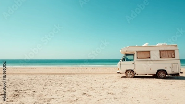 Fototapeta A classic camper van is parked on a vast sandy beach, with calm blue ocean waters in the background, creating a peaceful and serene coastal landscape scene.