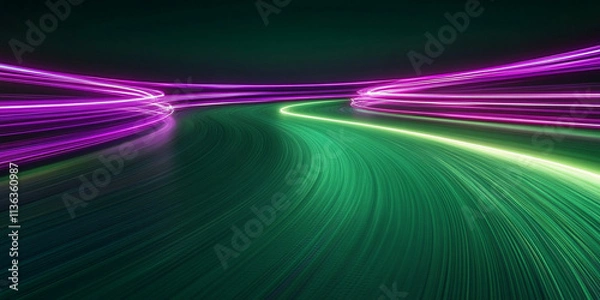 Fototapeta Deep green surface featuring dynamic neon purple light trails, delivering a captivating and bold visual
