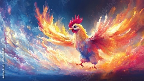 Obraz Colorful and Vibrant Rooster with Fiery Feathers, Majestic Wings, Surrounded by a Dramatic Background of Flames and Colors, Symbolizing Strength and Beauty