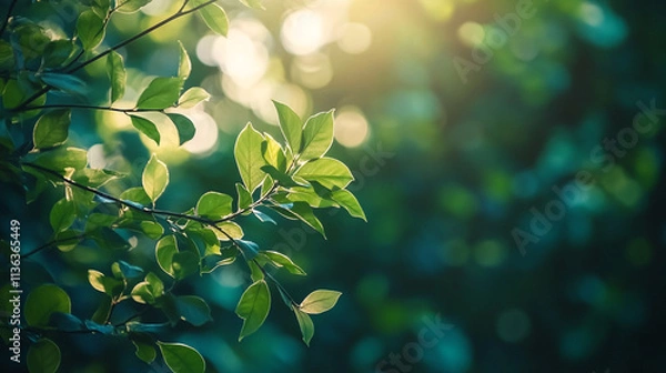 Fototapeta Sunlight filtering through green leaves on a tranquil morning in a forest