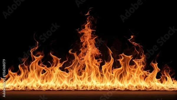 Obraz A fiery bottom border with sharp, curling flames in a mix of yellow and deep orange tones, subtly distorting the air with visible heat ripples on a transparent backdrop