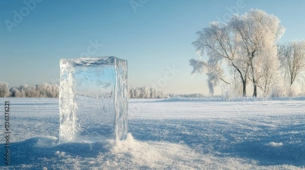 Fototapeta Crystal-clear ice podium standing in a snow-covered field, with a cold blue sky and frosty trees in the distance.