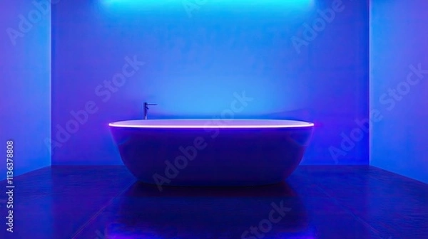 Fototapeta Minimalist futuristic pedestal bathed in neon blue and purple lighting, perfect for showcasing waterproof products in a cyberpunk setting.