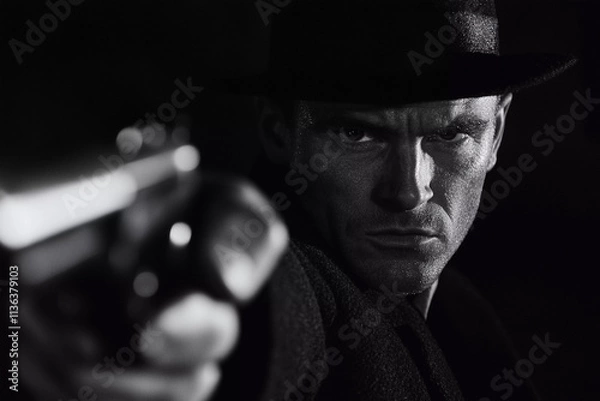 Fototapeta A man with a gun pointing to the right of his face.