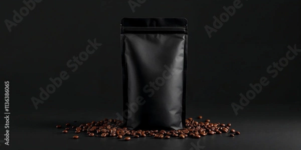 Fototapeta A coffee concept prepared for mockup, with a matte black coffee package and coffee beans on dark background	