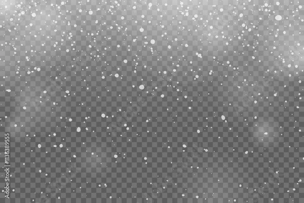Fototapeta A realistic snowfall overlay effect on a transparent background. Vector illustration of various sizes white snowflakes creating wintry atmosphere. Design template for Christmas cards, banners, posters