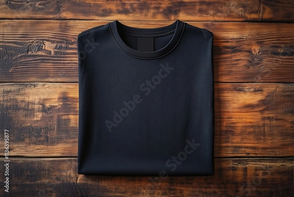 Fototapeta plain black folded t shirt for mockup photorealistic on wood table, top view 