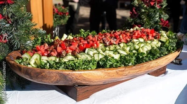 Fototapeta Fresh and Colorful Vegetable Platter with Cucumbers and Tomatoes on Elegant Table Setting