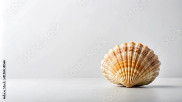 Fototapeta Seashell on a white background, a minimalist ocean-themed image featuring a single, intricately lined seashell