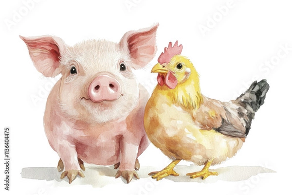 Fototapeta A cheerful pig and a playful chicken stand together, showcasing their friendship in a heartwarming and whimsical illustration.
