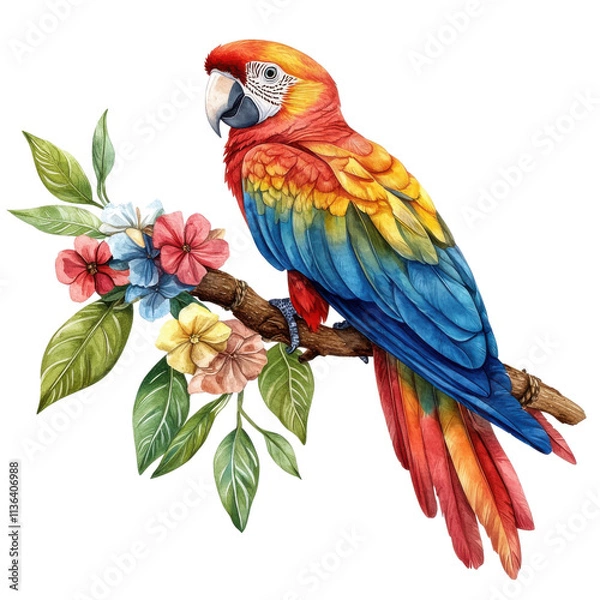 Fototapeta A vibrant parrot perched on a branch with colorful flowers against a white isolated background, showcasing its stunning plumage and lively colors.