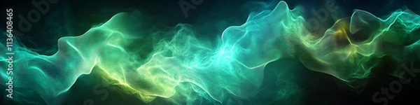 Fototapeta Vibrant green and blue neon waveforms, glowing edges and abstract motion energy