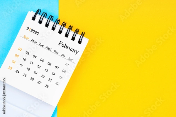 Obraz February 2025, Monthly desk calendar for 2025 year on yellow and blue background.