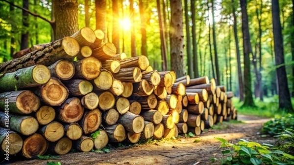 Fototapeta Sunlit Stack of Logs in a Lush Green Forest