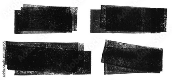 Fototapeta Linocut, relief printing horizontal layered rectangle grungy textures set. Black and white artistic linocutting text backgrounds, uneven edge. Paint roller stains collection, textured lino ink remains