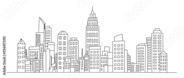 Fototapeta Hand drawn city skyline, Skyline showing several prominent buildings and hotels line vector