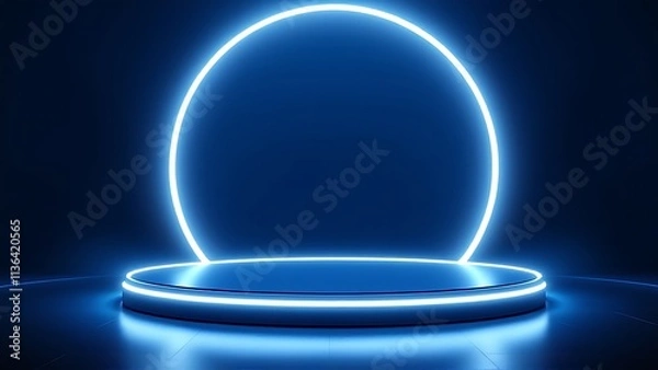 Fototapeta Background podium 3D light neon blue platform stage product abstract. Scene background 3D podium dark pedestal room glow studio empty stand floor night modern circle show space display game led black.