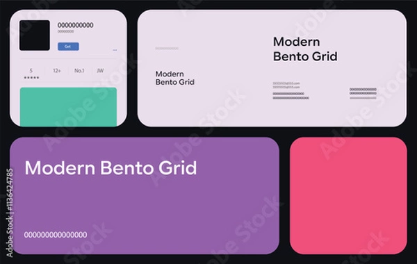 Fototapeta PrintContemporary Bento Grid Design. Modular UI UX template featuring bento-style layouts. Includes web comic-inspired grids with flexible panel configurations and varied tile sizes.
