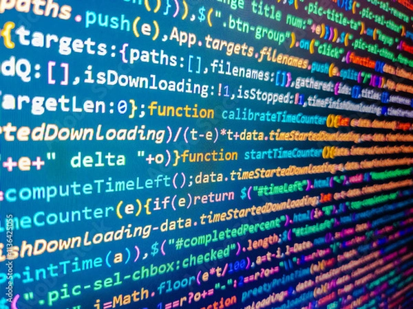 Fototapeta Blue unique background. Blue binary code. Software background. Science symbol. Blue php. Background of the keyboard and binary code 03. Programming code screen of software. Web dewelopment.