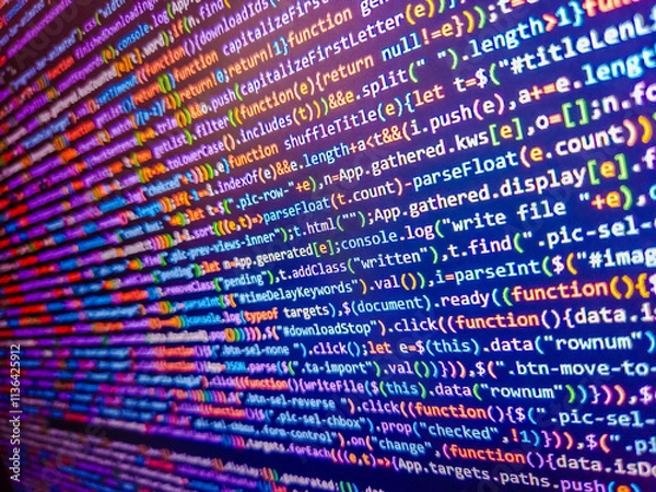 Fototapeta Software developer coding screen. Screen with software developer code. Pink color. Search job or abstract course template for programming job. Computer script. Website codes on monitor.