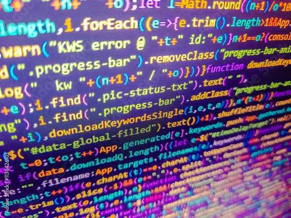 Fototapeta Programming code screen of software developer. Blue software developer background. Template of website, selective focus. Jquery code background. Developer display with source code. Blue color.