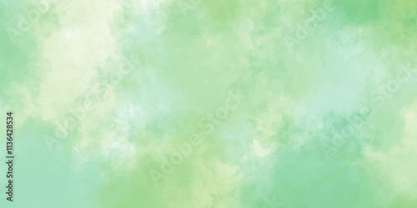 Fototapeta Sky blue watercolor texture. green, white color background. digital art painting. Hand painted texture. Soft clouds in the sky. Vintage style, vector illustration. light, cloudy sky, smoky, cloud, ink