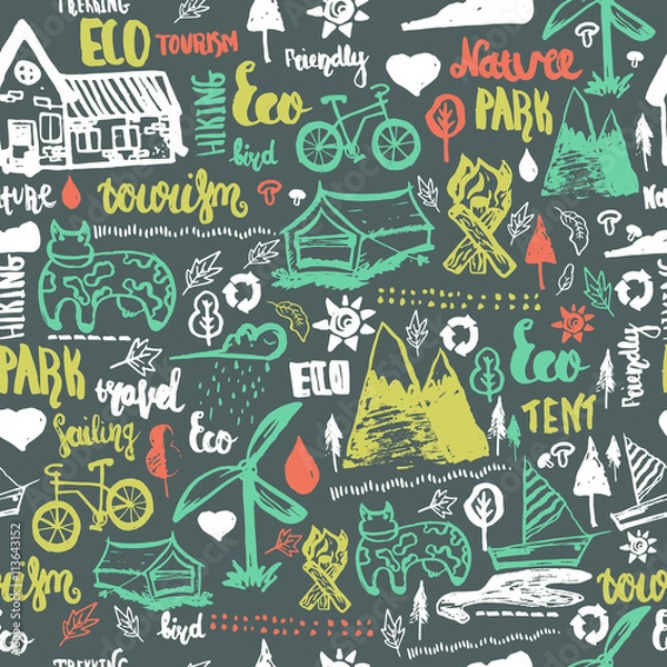 Fototapeta Eco travel seamless pattern. Ecology concept with lettering and hand drawn elements.