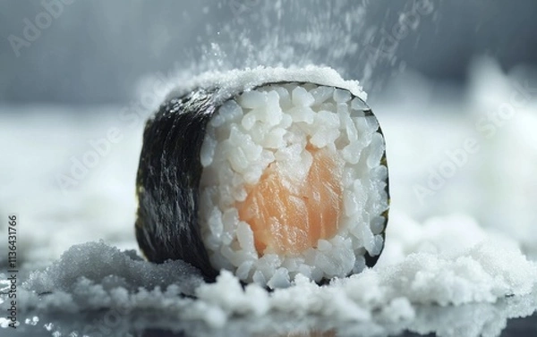 Fototapeta A single sushi roll with rice and seaweed 